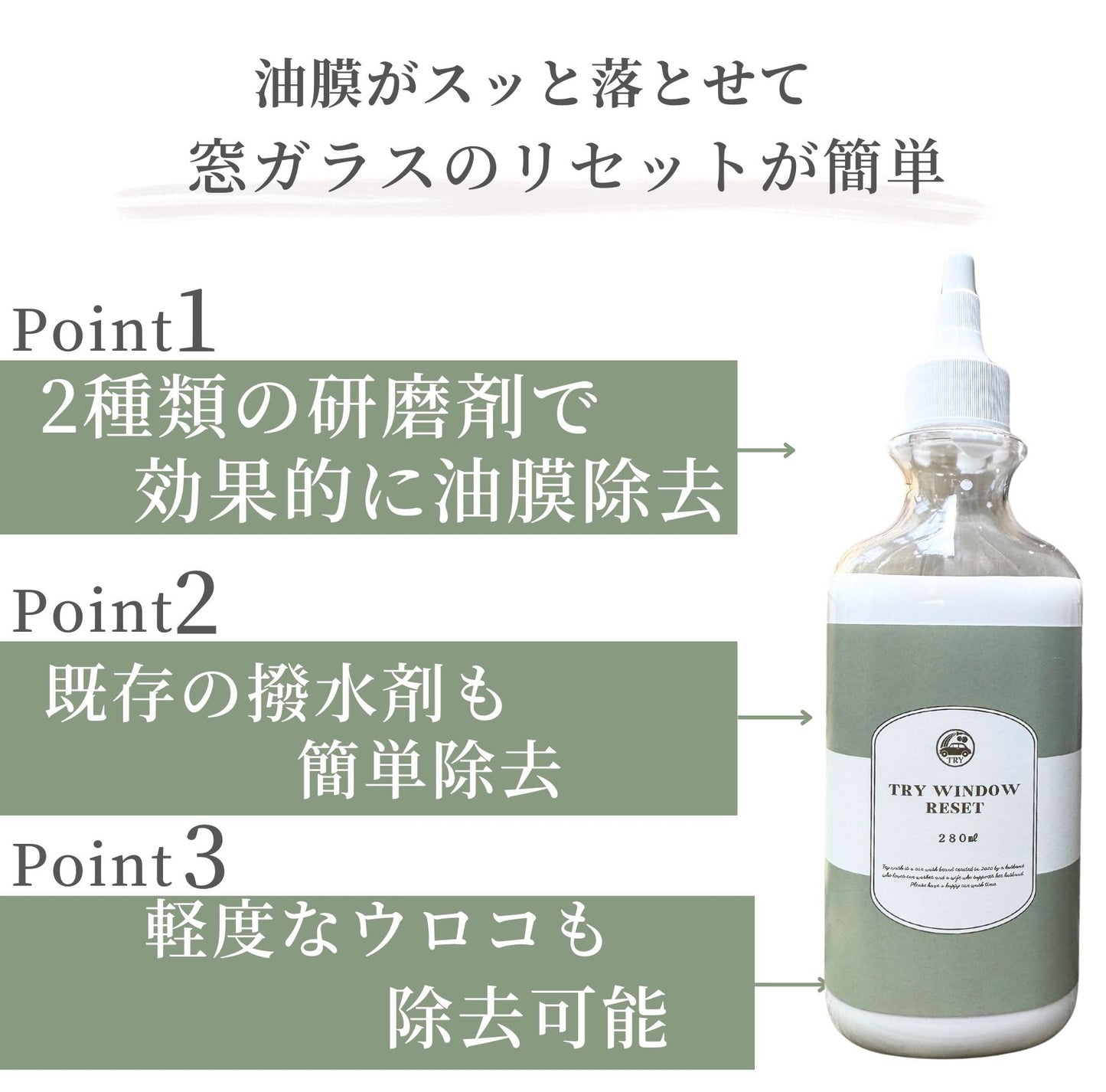 TRY  WINDOW RESET 280ml 　ガラス面の油膜除去剤