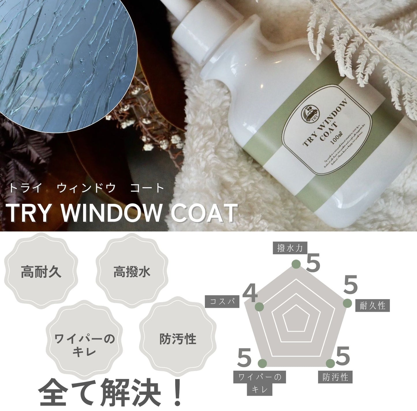 TRY WINDOW COAT 100ml 　ガラス面のフッ素撥水コート剤